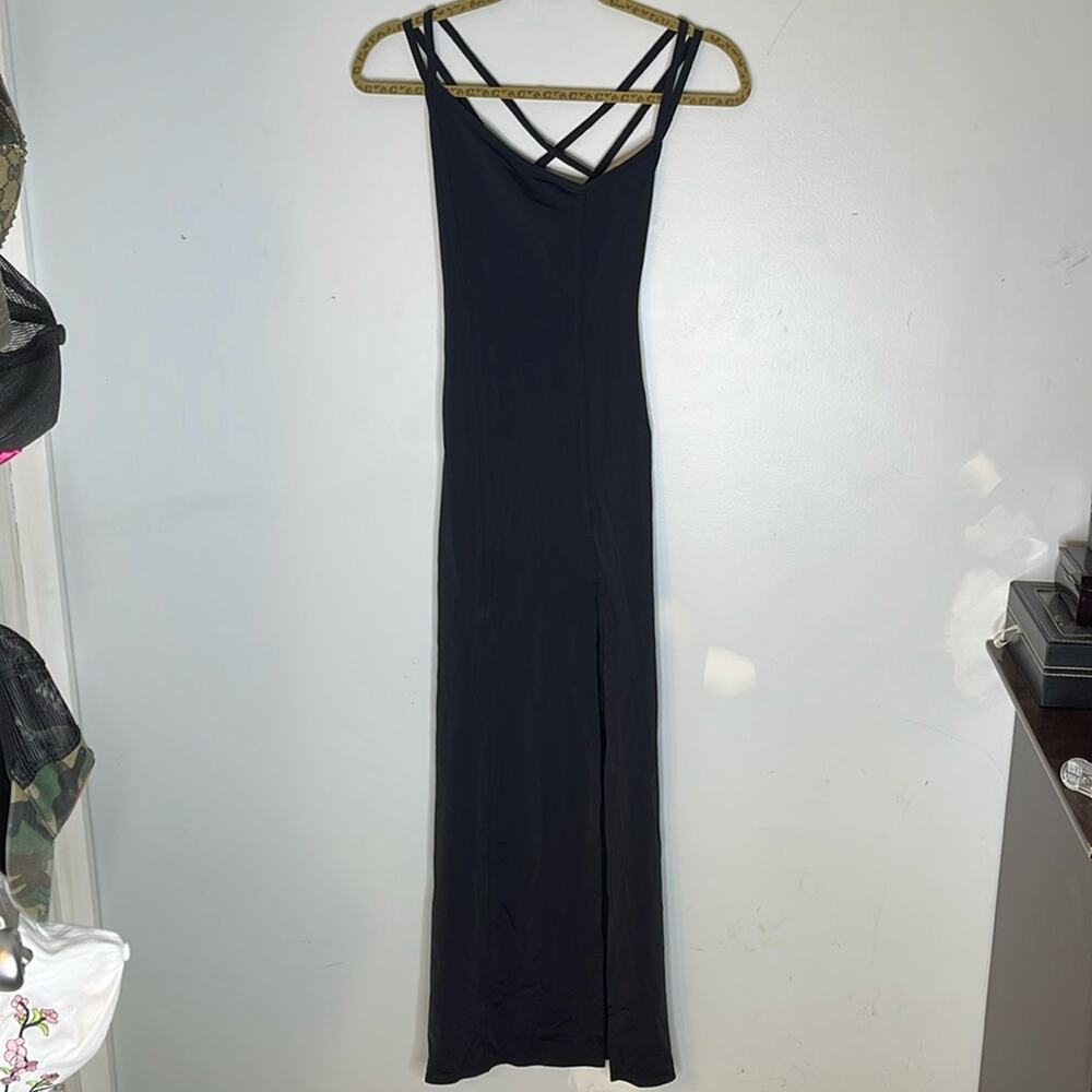 ARISE Shine of NY Black Nylon Blend Asymmetrical Neckline Strappy Dress